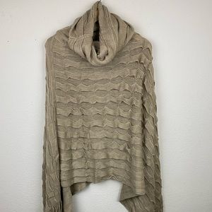 TALEEN Tan Textured Fringe Knit Poncho Sweater OS Tassel Asymmetrical Drape F86